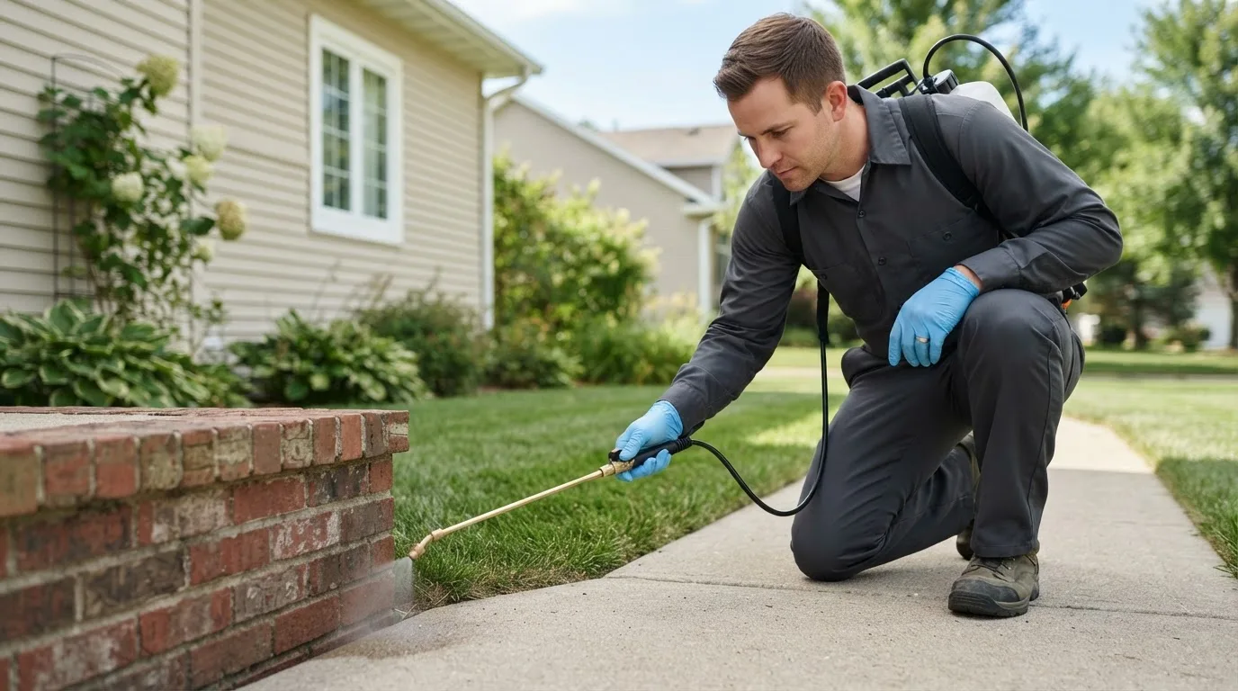 Pest control technician treating a home near Saybrook, IL